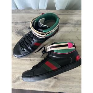 Gucci Ace Stripe High Top Sneakers Black Green red Logo Strap US 11.5 Mens UK 11